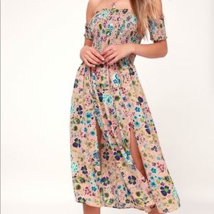 Lulus Blush Floral Print Off the Shoulder Dress
